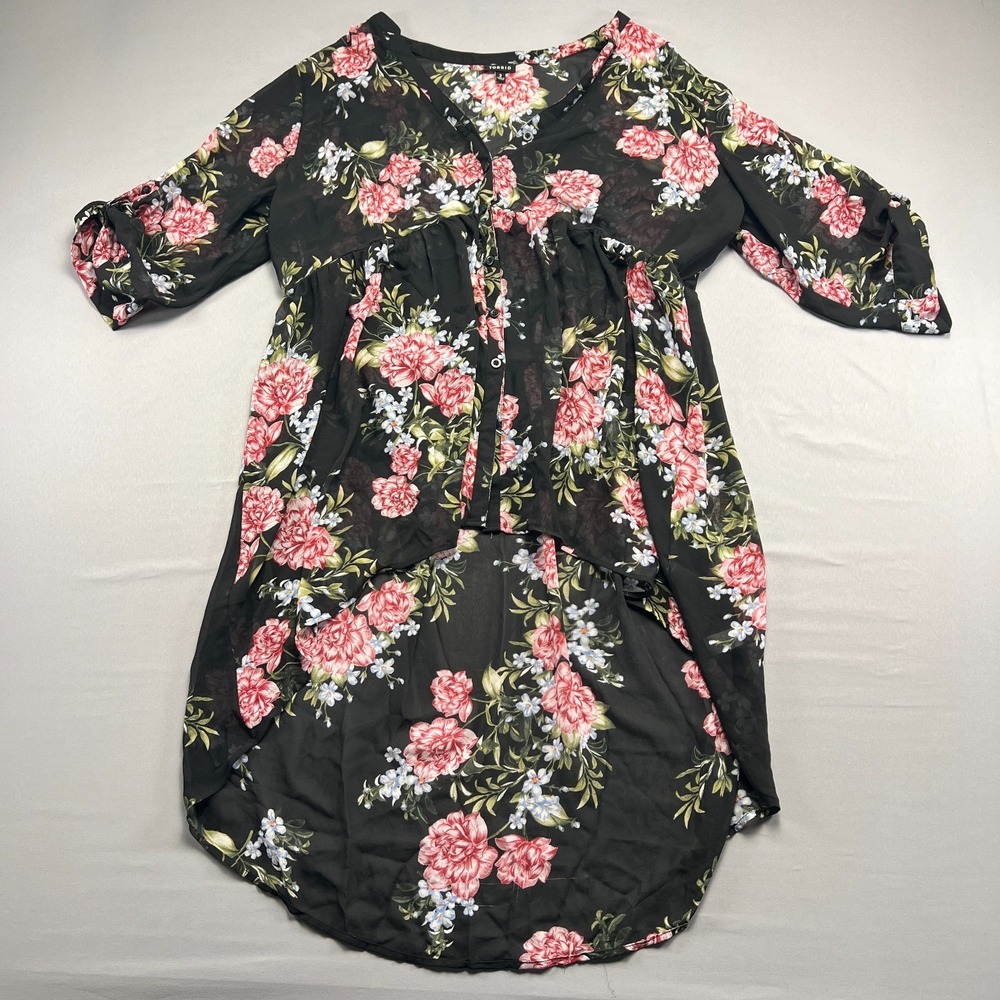 Torrid Chiffon Tunic Top Womens 2 Black Floral Pleated High Low Hem Button Front